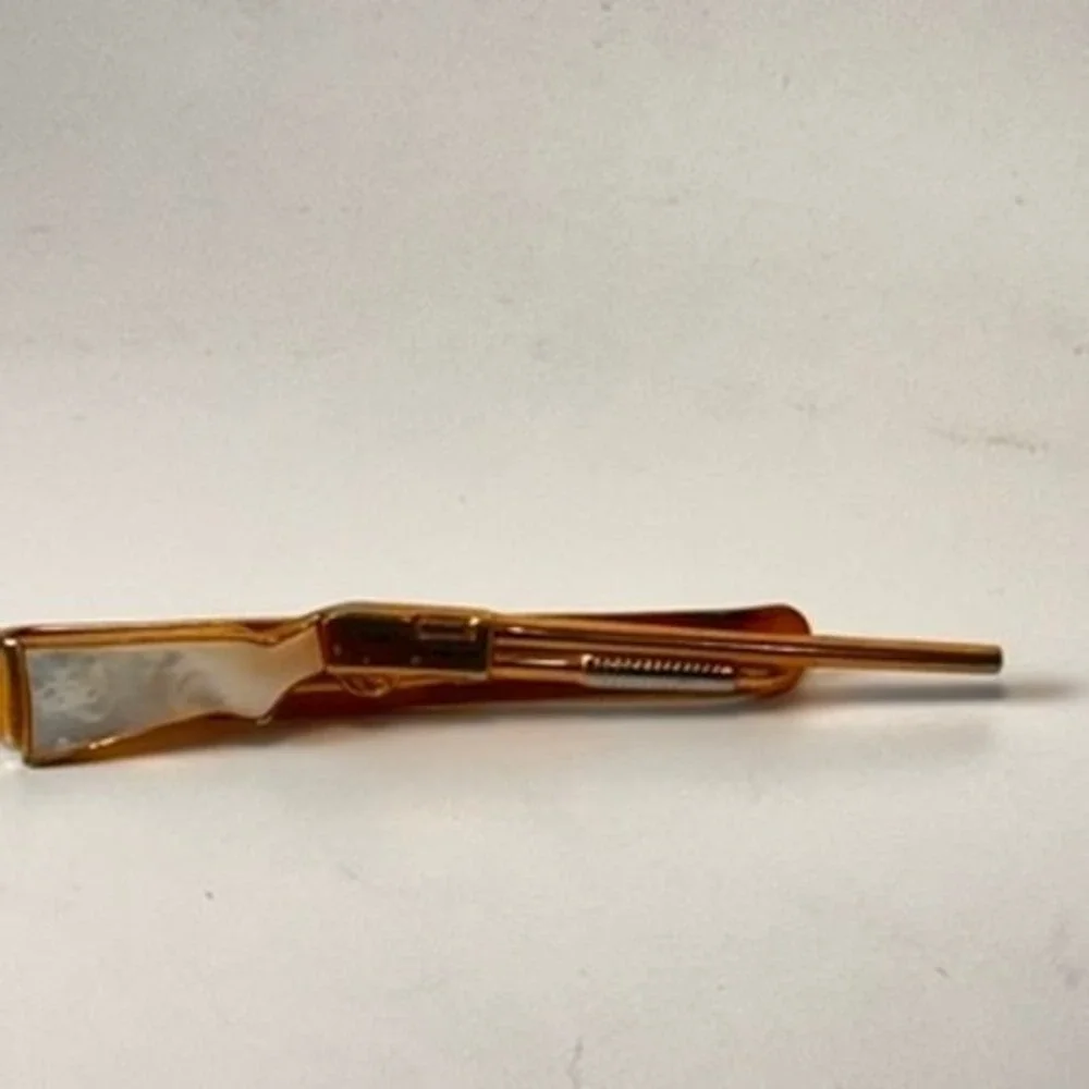 Vintage Rifle Tie Clip Gold Tone Mother of Pearl Inlay Western Goth Boho Chic